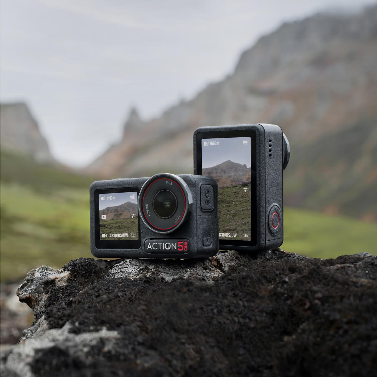 DJI Osmo Action 5 Pro cameras used in an outdoor mountain setting