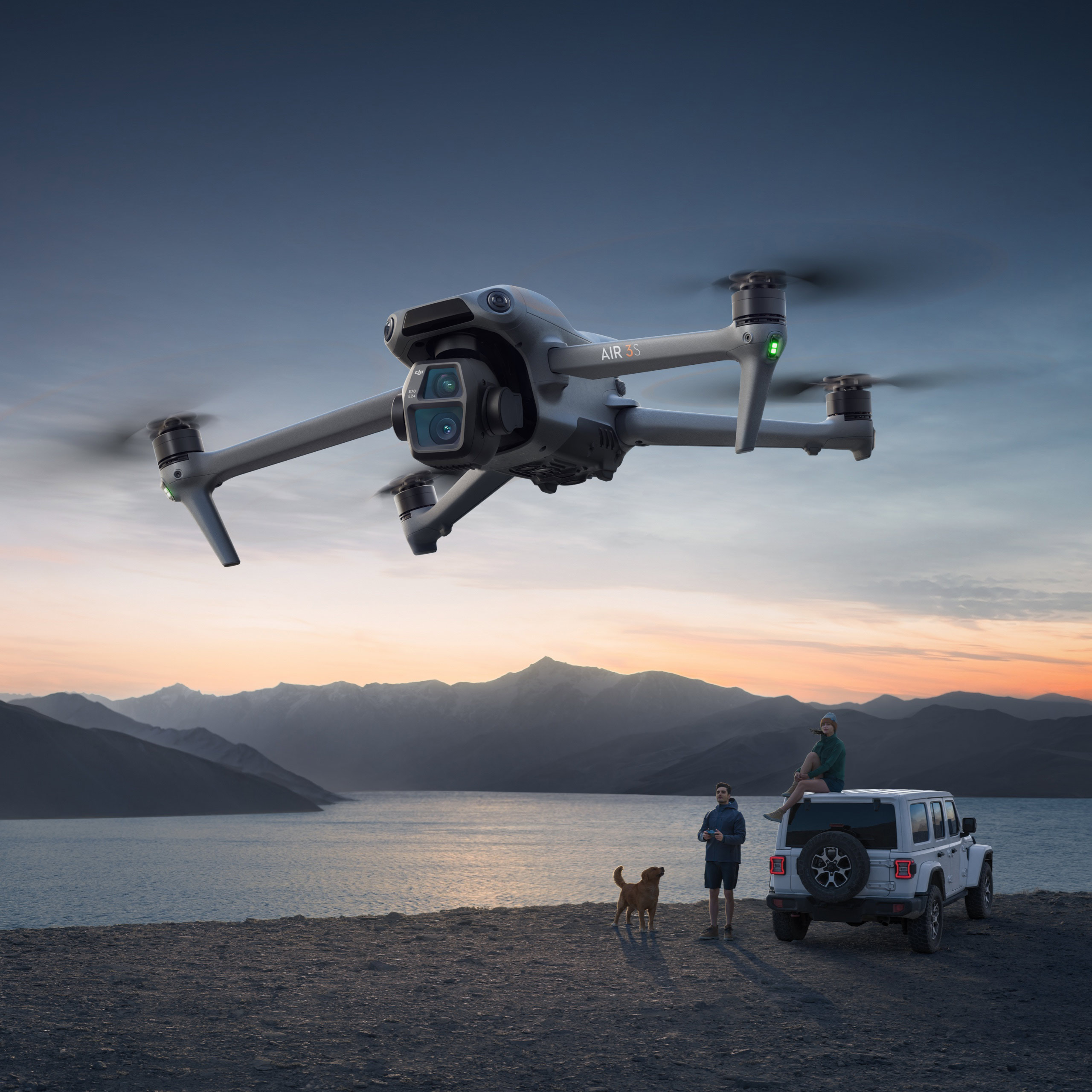 DJI Air 3S in an official promotional composite above a lakeside travel scene