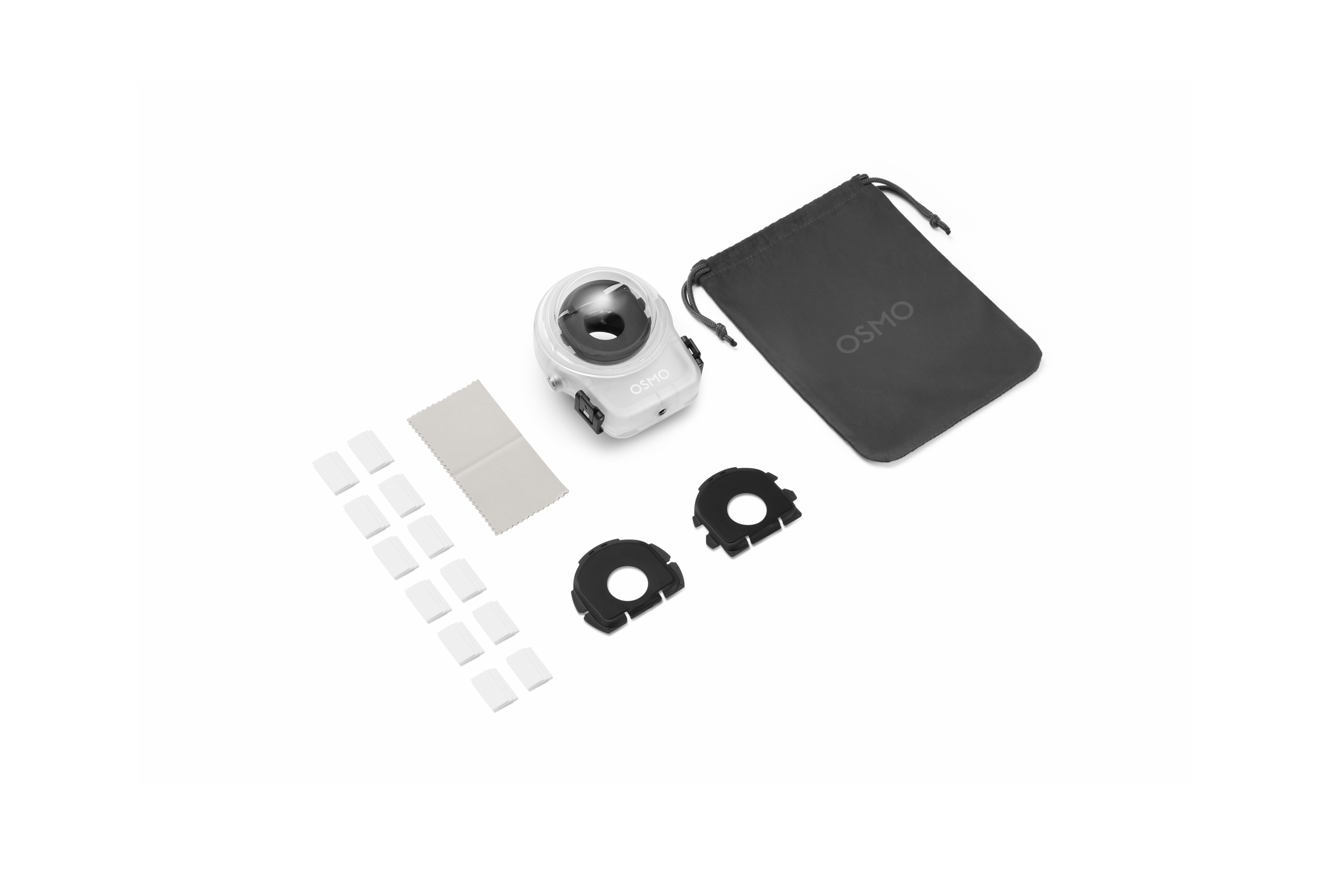 Angled view of the Osmo 360 Invisible Waterproof Case with cleaning cloth, inserts, light shields and pouch