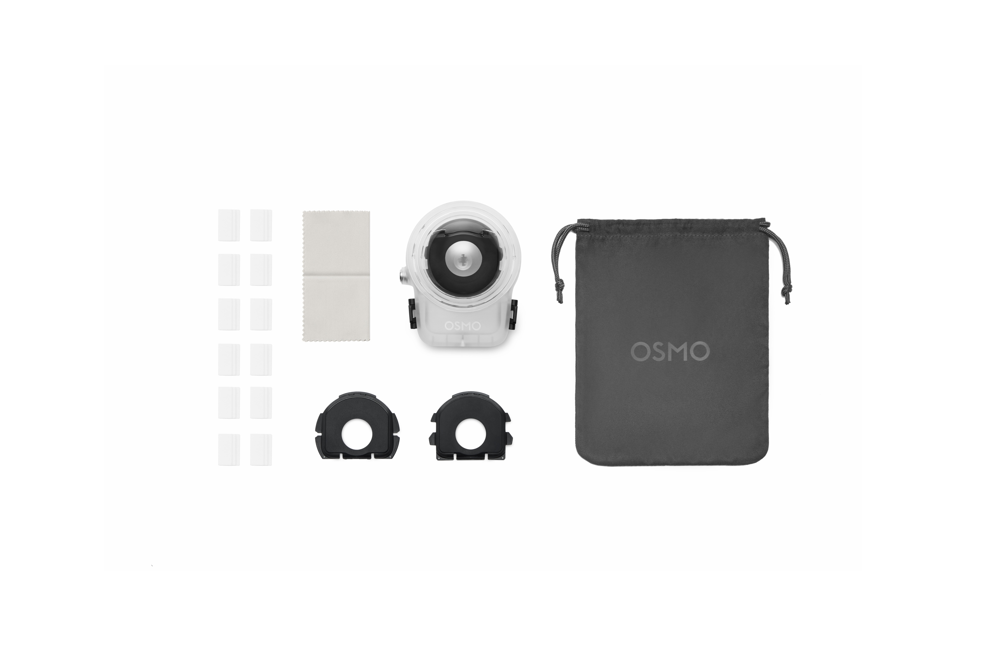 Osmo 360 Invisible Waterproof Case package laid out with optical housing, pouch, inserts and light shields